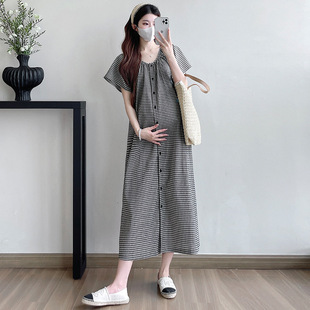 Pregnant Women's Summer Loose New Style Temperament Plaid Short Sleeve Pregnant Women's dress Casual Slimming Korean Style Pregnant Women's Dress