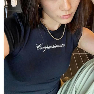 American retro tanka * r hot girls red letter printed short sleeve T-shirt women's summer shoulder waist hourglass jacket