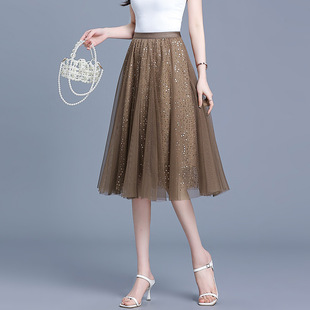 Pleated Shiny Half-length Dance Skirt 2024 Spring New Style Elegant Puffy A- shaped Mid-length Skirt Elegant Stretch Sequin Skirt