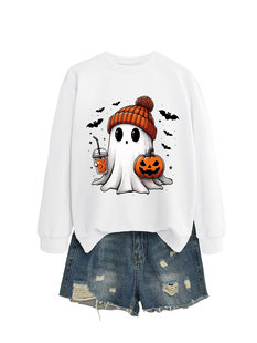 European and American European Size Fashion Long Sleeve Shirt Ghost Milk Tea Pumpkin Bat Fashion New Round Neck Sweater for Women 2024