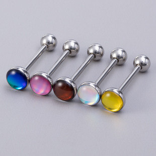 Cross-border stainless steel straight rod tongue nail external thread multicolor flash oil drop tongue ring 14g human body puncture external tooth tongue nail