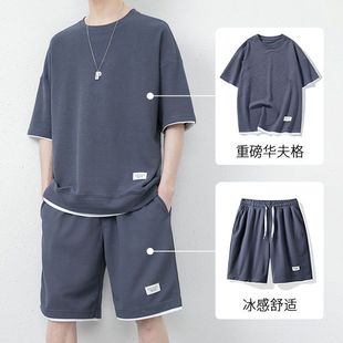 Waffle Casual Suit Men's Summer Teenagers Plus Size Men's Sports Short Sleeve Shorts with a Set of T-shirt