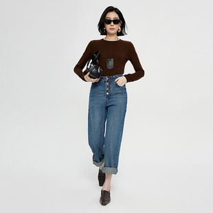 European and American High-end Quality Winter High-end Women's Jeans Four-breasted High-waist Straight Trousers Loose Narrow Wide-leg Pants