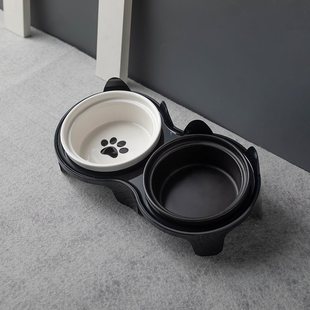 Миска для кошек, керамическая миска для еды для котят, двойная миска, наклонная миска для собак, защита шеи, питьевая вода, кормление, встроенные противоударные принадлежности для кошек
