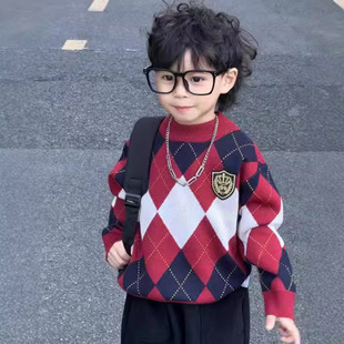 Fall/Winter British Maillard Children's College Style Sweater Boys' Diamond Plaid Sweater Girls' Crewneck Sweater -23089