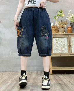 2025 summer new cartoon embroidery patch elastic waist washed jeans pants pants wholesale