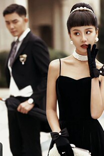 French Hepburn short evening dress bride Photo gloves wedding wedding dress Xiuhe complex classical Black Spring and Autumn Winter