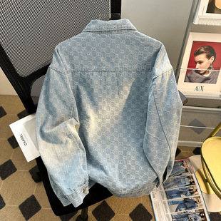 Washed Jacket Coat Full Print Design Sense Trendy Faggot Handsome Boys Long Sleeve Lapel Cardigan Denim Coat for Teenagers
