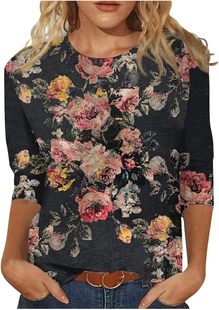 Amazon Women's Top Seven Sleeve Summer Ethnic Floral Slim-fit Cute Top Round Neck Slim-fit Printed T-shirt