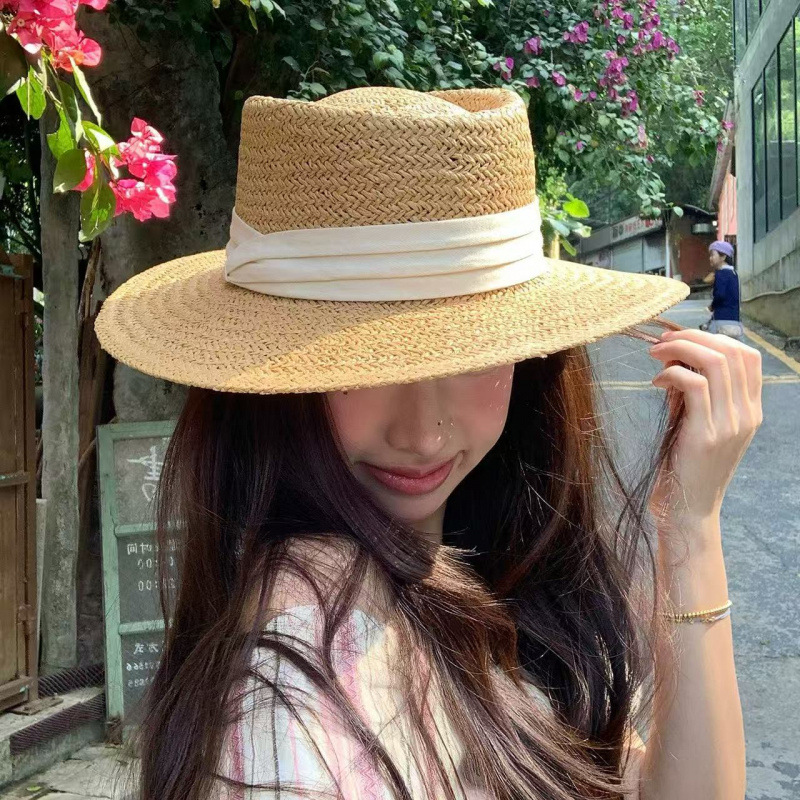 French-Style Hollow Woven Straw Hat in Old Money Style for Women, Summer Beach Vacation Sunshade Sun Protection Flat-Top Hat