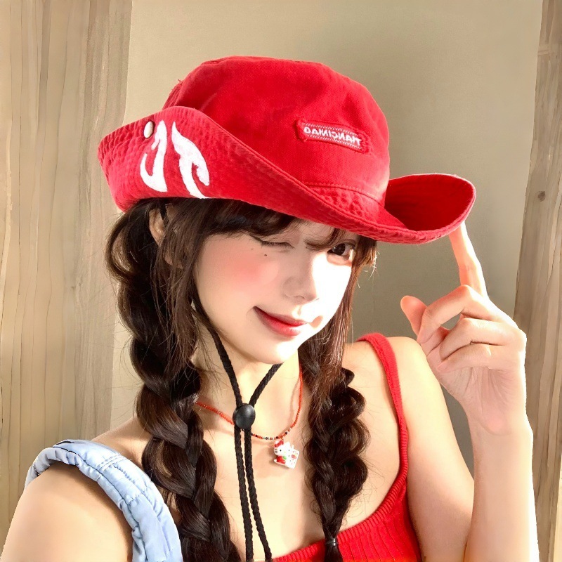 Red Lettered Cotton Fisherman's Hat for Women, Summer Large Brim Outdoor Hiking and Mountaineering Hat, Face-Slimming Sun Protection Hat