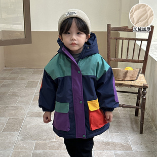 Children's cotton-padded clothes fleece-lined thick warm men's and women's clothing winter mid-length cotton-padded clothes contrast color stitching baby jacket