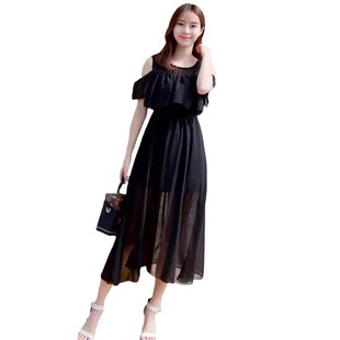 Real Shot 8831 Chiffon Dress Summer Long Dress Slim-fit Slimming Small Fresh Mid-length Women's Wear Off-shoulder High Waist