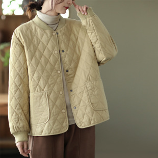 21 Winter New Artistic Baseball Collar Short Quilted Rhomboplaid Loose Jacket Cotton-padded jacket Women