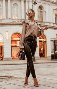 Processing custom round head zipper leather pants Polish style Foreign trade independent station PU women's pants European and American ins Trendy tights