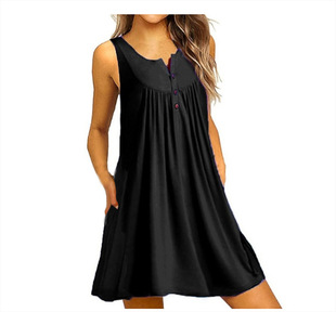 2023 Summer new pajamas European and American women's wish Amazon button Pleated vest casual sleeveless dress