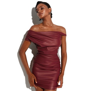 2024 Winter New Elegant Sexy Asymmetric Shoulder Pleated Slim Figure Leather dress Skirt