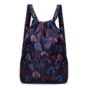 Cross-border Floral Cloth Bucket Pocket Drawstring Large Capacity Backpack Women's Folding Portable Shopping Bag Outdoor Travel Backpack