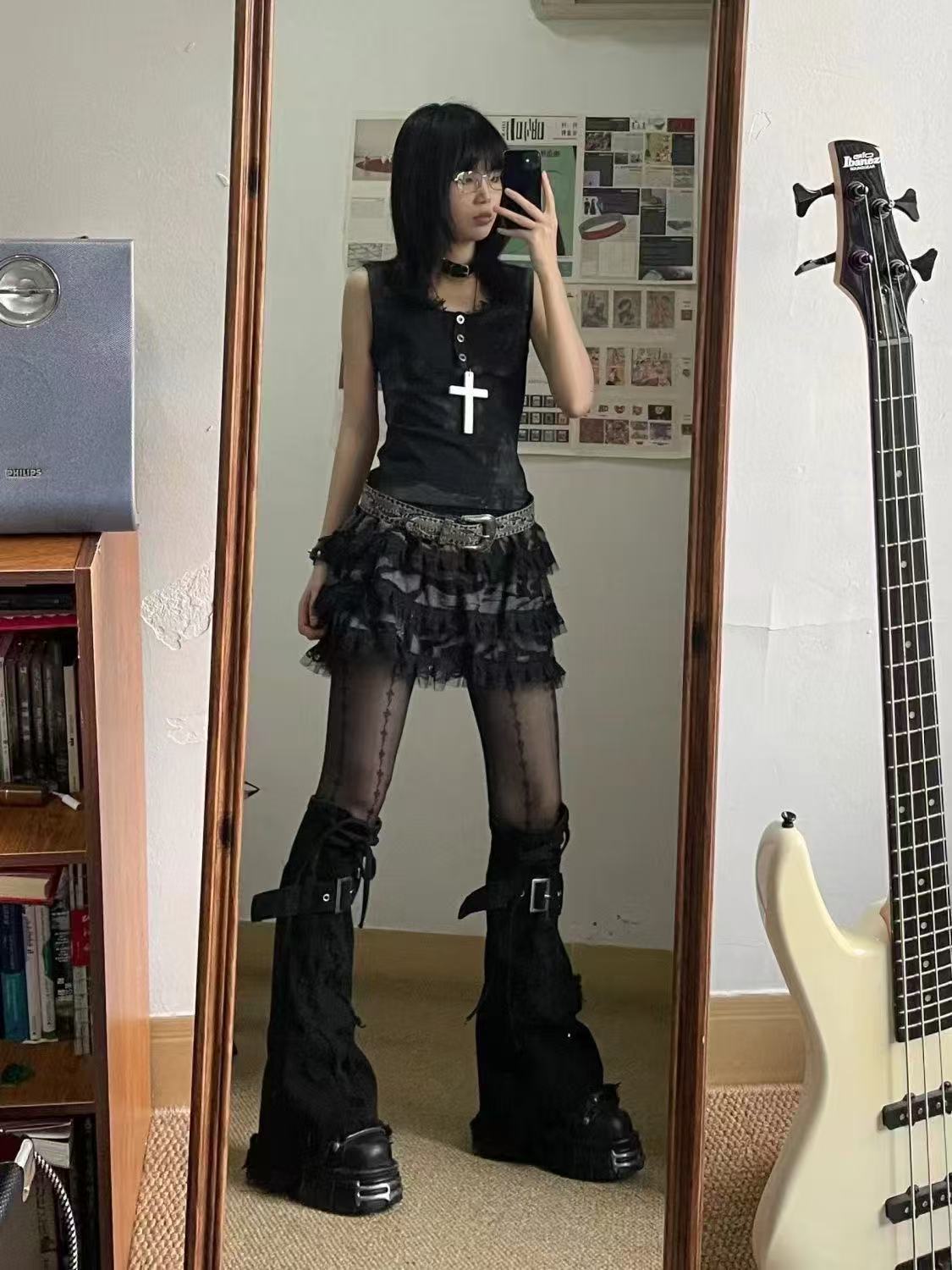 Y2K Sexy Red Denim Leg Covers Slimming Look Drawstring Pile Socks Cross Design Boot Covers Trumpet Socks Trendy