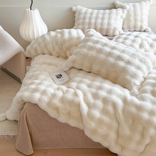 Winter Warm Rex Rabbit Hair Bubble Milk Velvet Four-piece Light Luxury Solid Color fleece-lined Thickened Quilt Cover Bedding