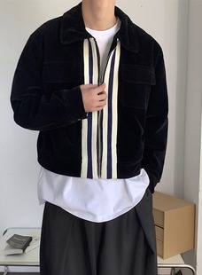 Contrast color ribbon stitching design short black jacket men's American retro lapel coat cleanfit top