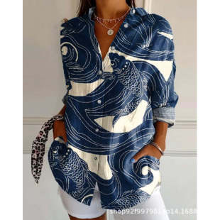 2024 Cross-Border New 3D Color Block Printed Pattern Autumn Casual Loose Shirt European and American Clothing Button Top