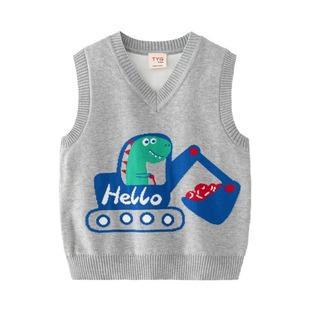 Spring new children's clothing boys' V-neck waistcoat European and American style children's double-layer cotton sweater baby dinosaur excavator vest