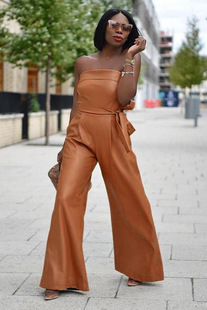 L0142 tube top sexy wide leg artificial leather jumpsuit