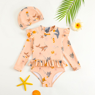 Nordic style children's long sleeve sunscreen one-piece swimsuit 2025 girls quick-drying cute hot spring swimsuit manufacturers wholesale