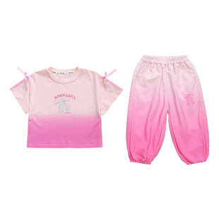 Girls' Summer Short-sleeved suit 2025 New Children's Gradient T-shirt Sports Pants Two-piece Clothes for Little Girls