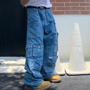 BAGGY JEANS American retro multi-pocket JEANS men's high street fashion brand loose straight mop overalls