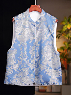 46983 Blue and White Porcelain New Chinese Style National Style Women's Silk Jacquard Brocade Vest Hanfu Handmade Buckle Horse Clip