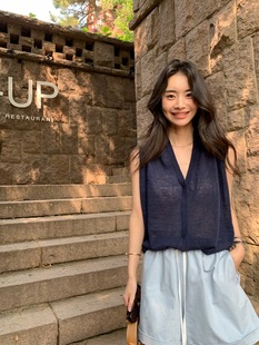 LICKYSENIOR furious push! Linen Stack Collar Vest Women's Summer V-neck Elegant Inner Weary Top