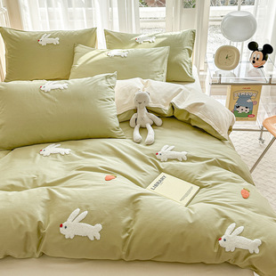 Ins Cotton Four-piece Set Cotton Fresh Style Towel Embroidered Quilt Cover Bed Sheet Dormitory Three-piece Set Cute Bedding 4