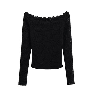 French-style socialite style off-shoulder clavicle hollow lace base shirt early spring new design sense slim long sleeve top