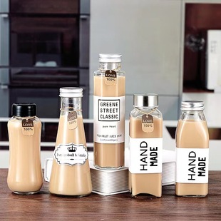 Glass cold tea bottle transparent juice beverage bottle empty bottle with aluminum lid 250ml350ml500ml milk tea bottle