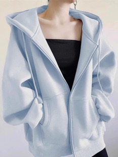 Sweater women's coat spring and autumn 2024 new popular hooded fleece-lined American high-grade lazy style zipper thick cardigan