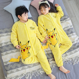 Baby One-piece Children's Pajamas Spring Autumn and Winter Thickened Fleece-lined Flannel Sleeping Bag for Boys and Girls Home Clothes Coral Fleece