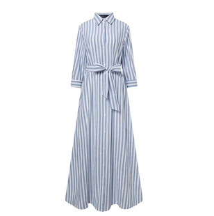 Cross-border new cotton and linen yarn-dyed striped dress women's belt loose long dress bohemian three-quarter sleeve cardigan