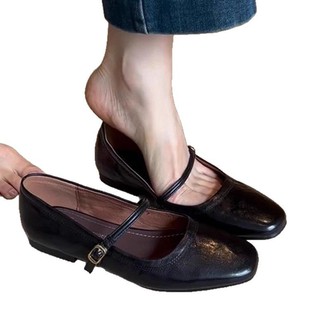 Sheepskin Version ~ Genuine Leather French Retro One-word Buckle Belt Mary Jane Shoes Women's Flat Elegant Shallow Mouth Shoes Small Leather Shoes