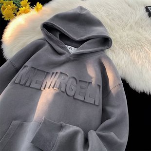 American-style fleece-lined Sweater Men's All-match Casual Hoodie Autumn and Winter Fashion Brand Loose Hooded Letter Printed Coat Hong Kong Style