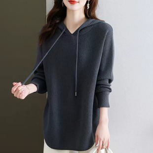 2024 Sweater Women's Autumn and Winter Mid-length Hooded Loose Sweatshirt Fat mm Pure Color Knitwear Hoodie Bottoming Shirt Top