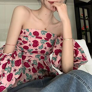 Short Shirt with Bubble Sleeves on the Shoulder for Vacation Floral Clavicle Shoulder Chic Short Sleeve Top