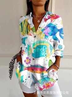 2025 new ladies long shirt summer European and American trend half sleeve flower pattern printing 3D short sleeve fashion