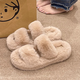 Solid Color Mao Mao Slippers Women's Autumn and Winter Outer Wear New Home Indoor Flat Bottom Non-Slip Mao Plush Cotton Slippers