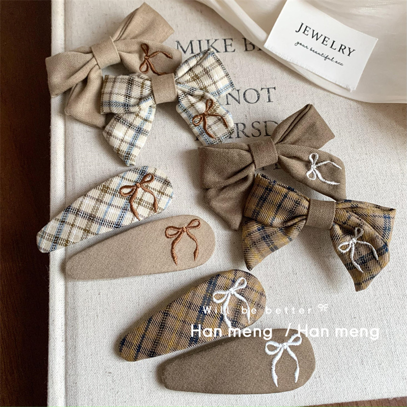 Korean Style Early Autumn brown Check Embroidered Hairpin Fabric Bow Bangs Side Broken Hairpin Children's Hair Accessories for Students