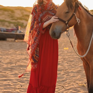 2022 Red Embroidered Long Dress Flesh-Covering Slim Fairy Beach Dress Super Fairy + Turban