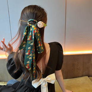 Retro National style bow headdress Camellia hairpin fairy silk scarf hair band updo hair back head 2022 New