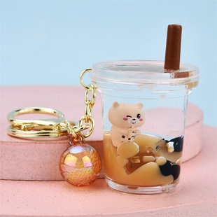 Creative cartoon oil floating bear Milk Tea Cup key chain exquisite car key chain schoolbag small pendant wholesale