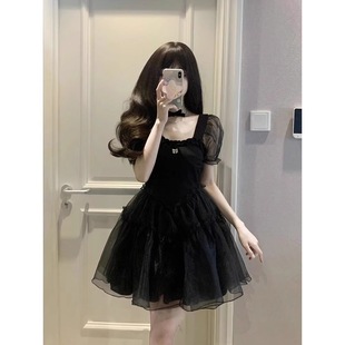 Hepburn French Style First Love High-end Temperament Tight Waist dress Women's Puff Sleeve Mesh Stitching Puffy Princess Skirt